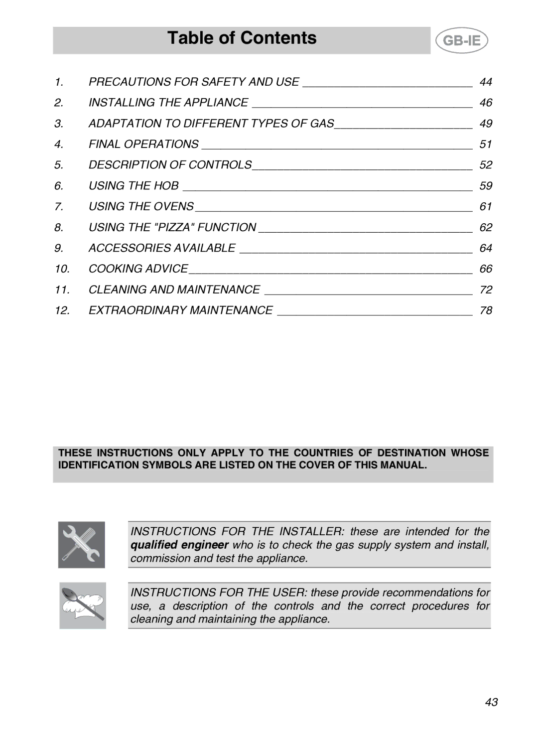 Smeg CS122-6 manual Table of Contents 