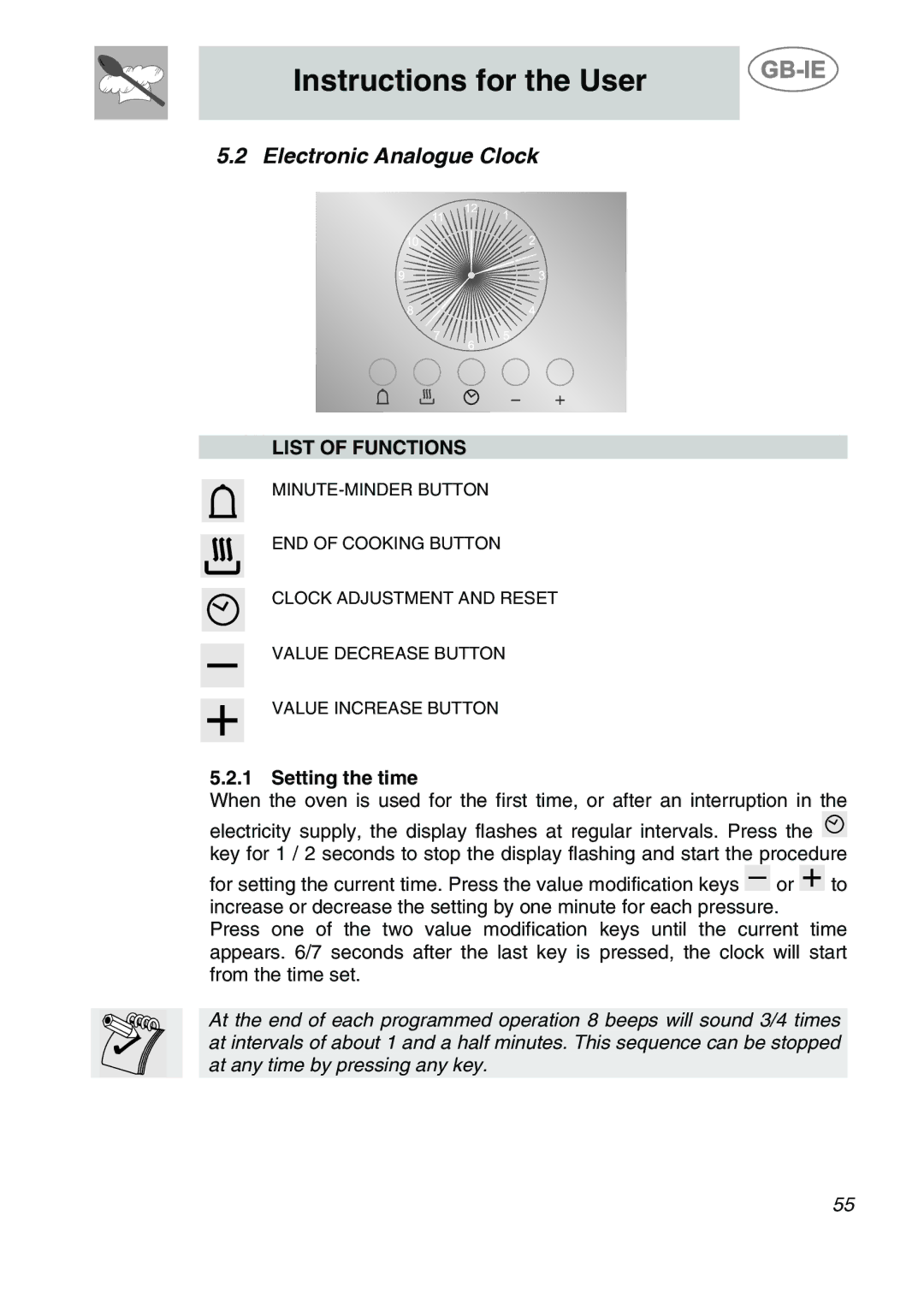 Smeg CS122-6 manual Electronic Analogue Clock, List of Functions, Setting the time 