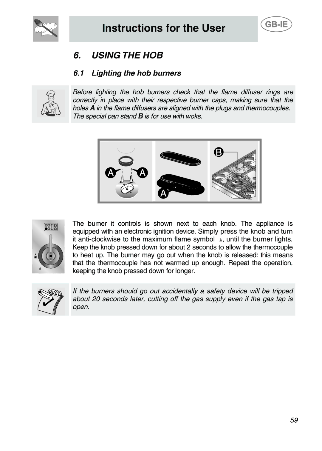 Smeg CS122-6 manual Using the HOB, Lighting the hob burners 