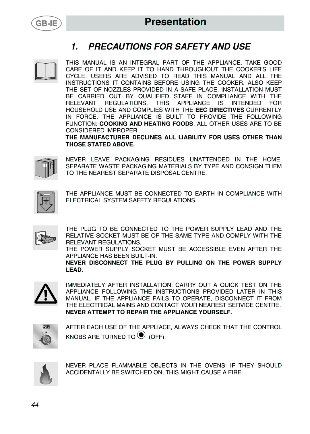 Smeg CS122-6 manual Presentation, Precautions for Safety and USE 