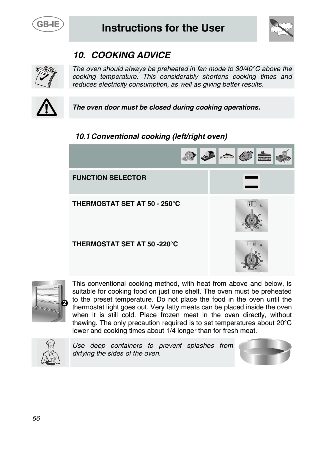 Smeg CS122-6 manual Cooking Advice, Conventional cooking left/right oven 