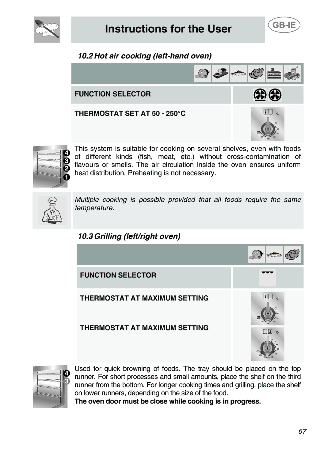 Smeg CS122-6 manual Hot air cooking left-hand oven, Grilling left/right oven, Function Selector Thermostat SET AT 50 250C 