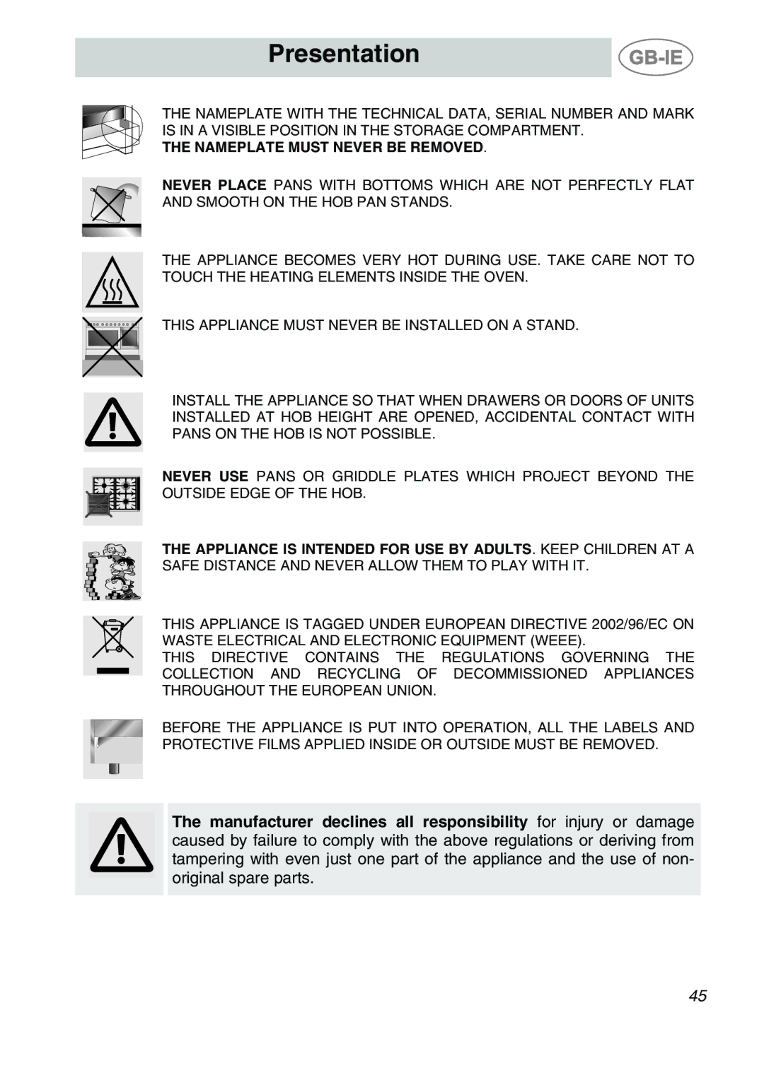 Smeg CS122-6 manual Nameplate Must Never be Removed 