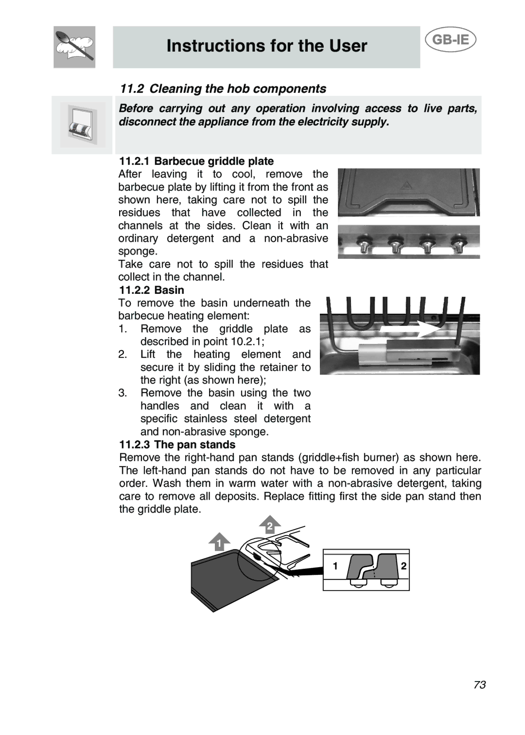 Smeg CS122-6 manual Cleaning the hob components, Barbecue griddle plate, Basin, Pan stands 