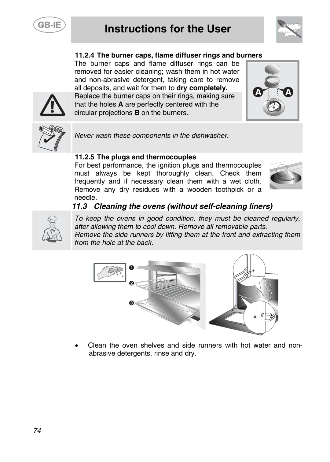 Smeg CS122-6 manual Cleaning the ovens without self-cleaning liners, Plugs and thermocouples 