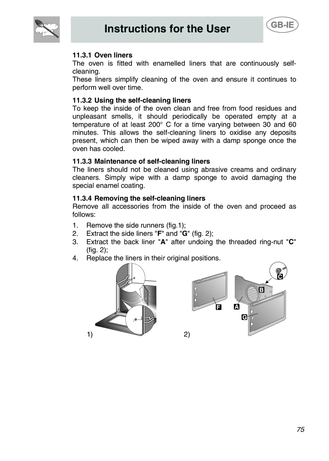 Smeg CS122-6 manual Oven liners, Using the self-cleaning liners, Maintenance of self-cleaning liners 