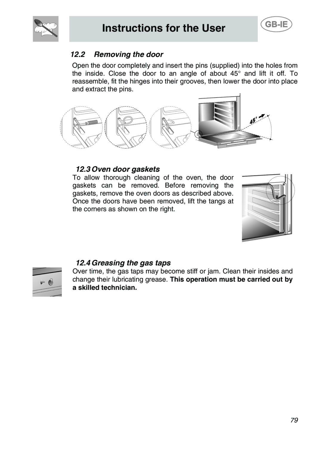 Smeg CS122-6 manual Removing the door, Oven door gaskets, Greasing the gas taps 