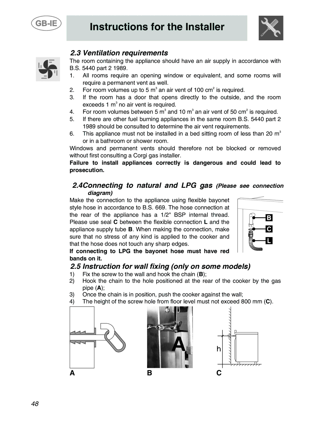 Smeg CS122-6 manual Ventilation requirements, 4Connecting to natural and LPG gas Please see connection 