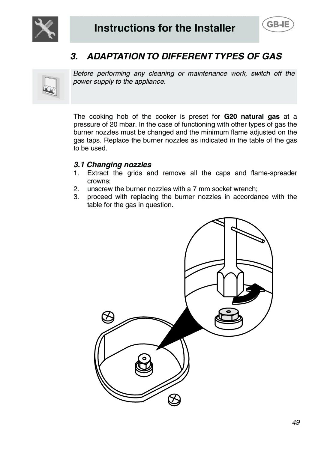 Smeg CS122-6 manual Adaptation to Different Types of GAS, Changing nozzles 