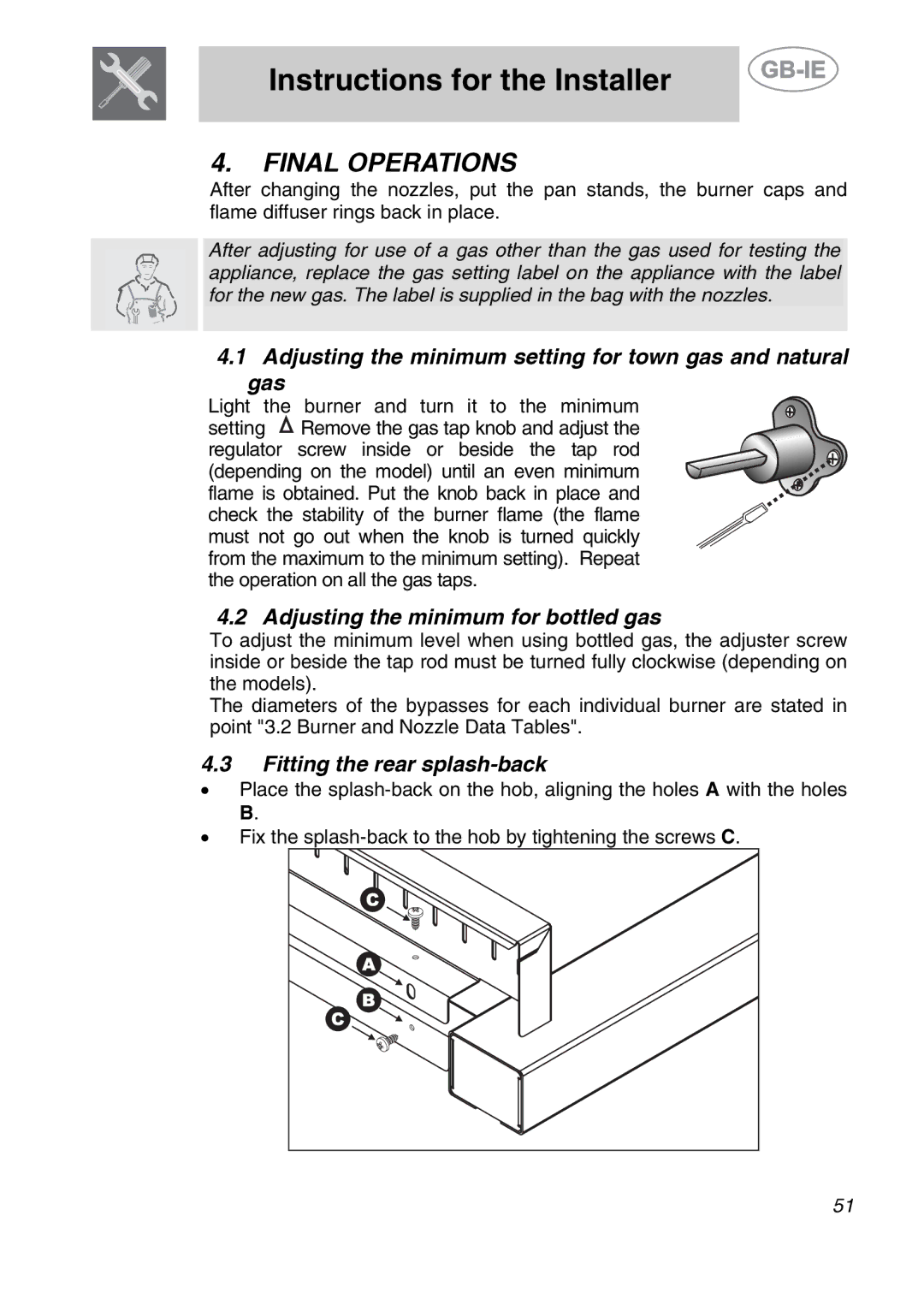 Smeg CS122-6 Final Operations, Adjusting the minimum setting for town gas and natural gas, Fitting the rear splash-back 