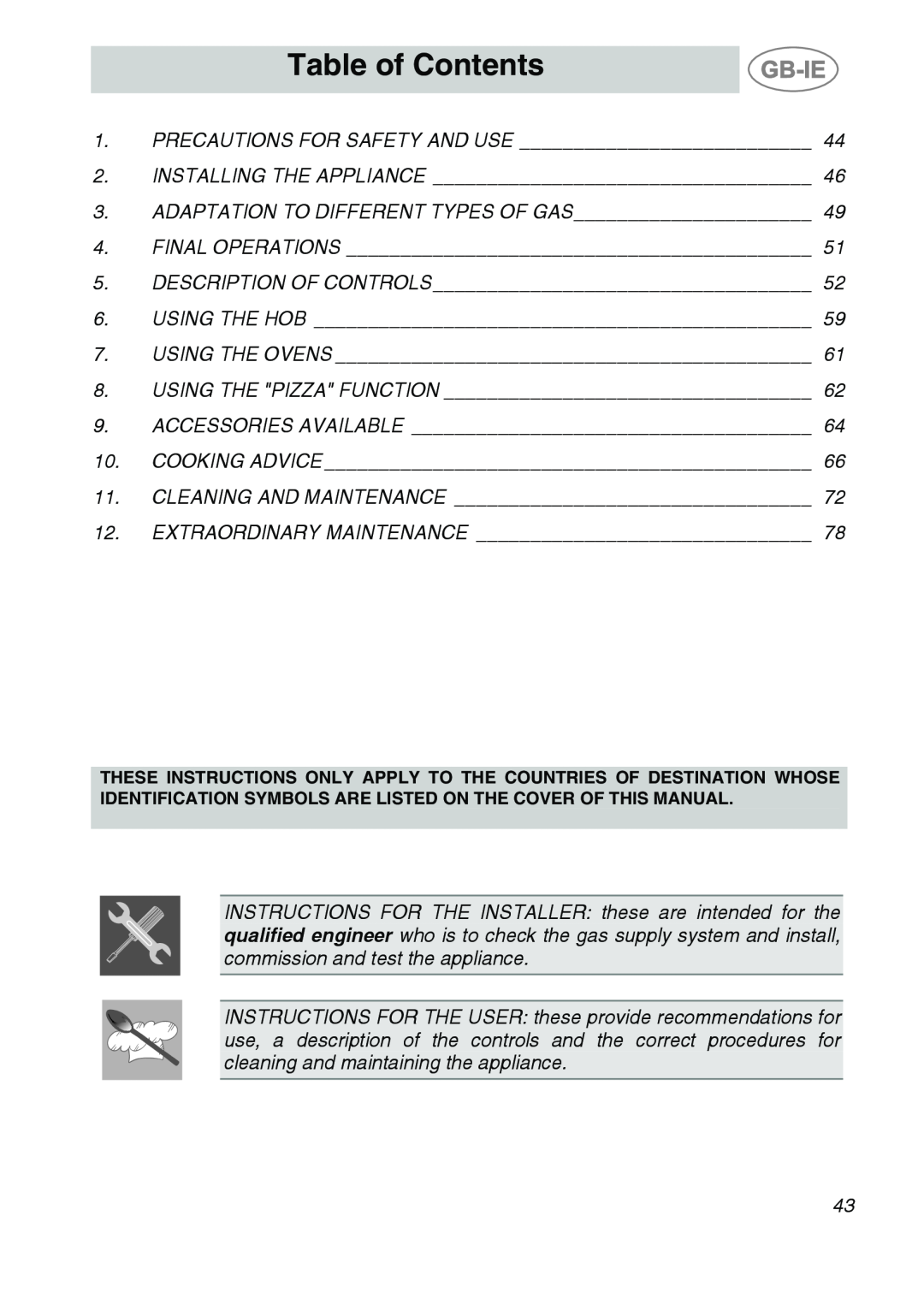 Smeg CS122-6 manual Table of Contents 