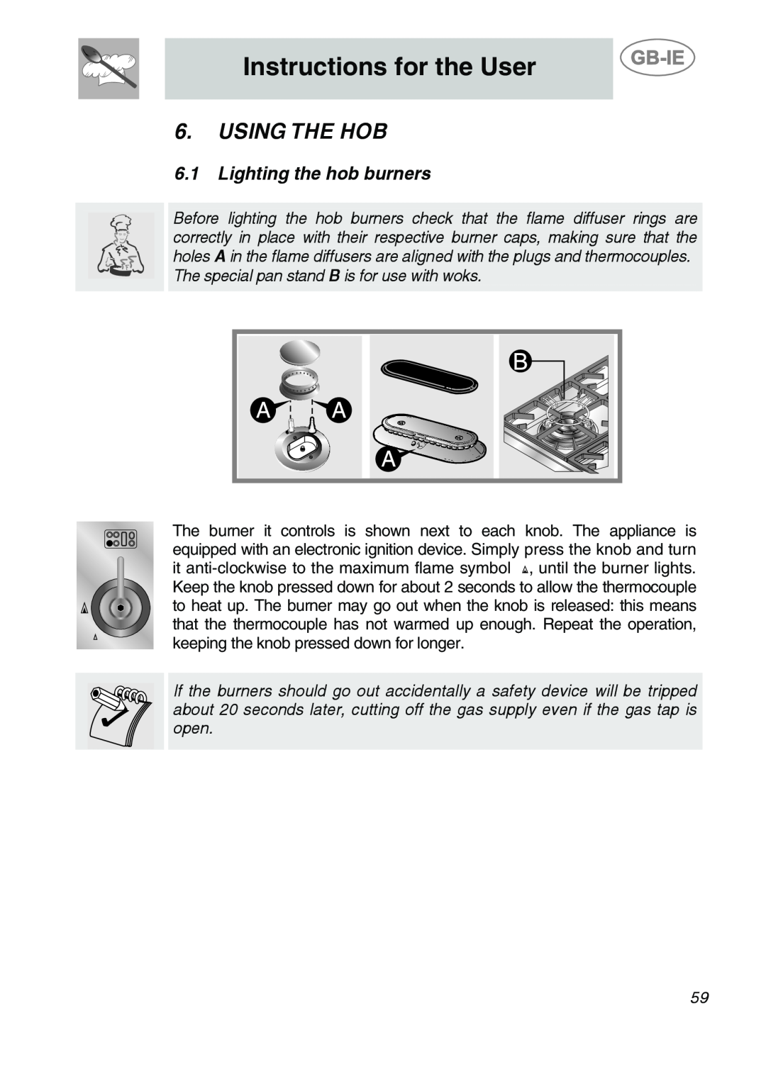 Smeg CS122-6 manual Using The Hob, Lighting the hob burners, Instructions for the User 
