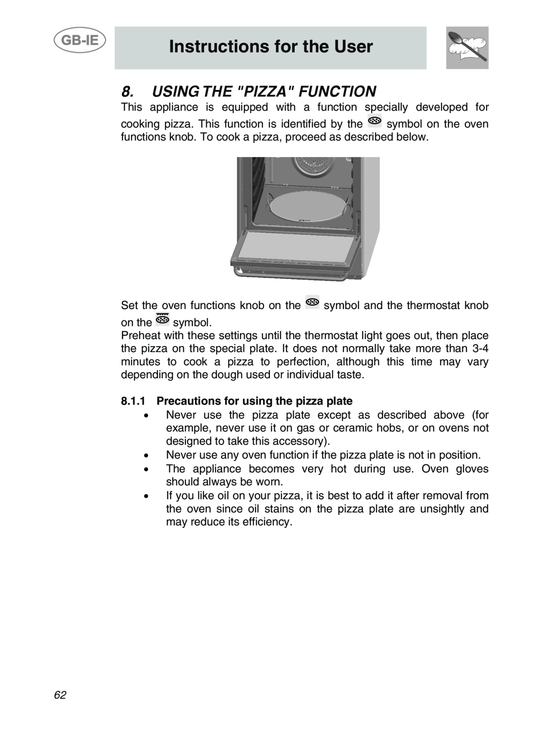 Smeg CS122-6 manual Using The Pizza Function, Precautions for using the pizza plate, Instructions for the User 