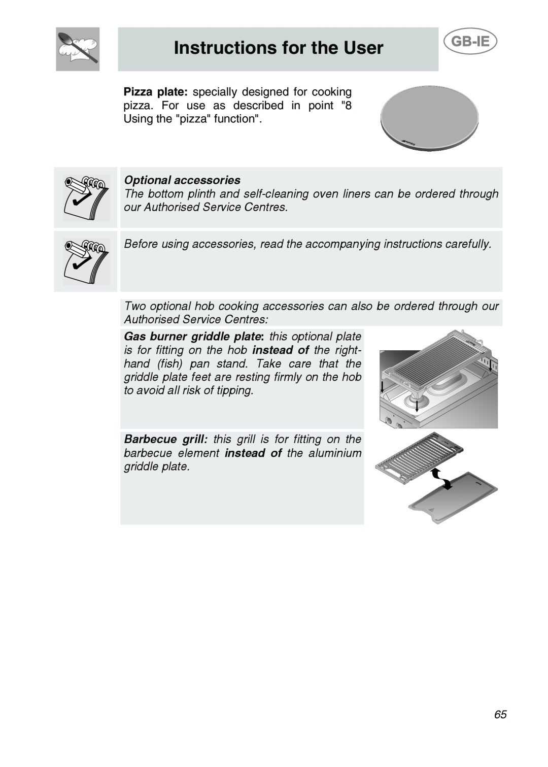 Smeg CS122-6 manual Instructions for the User, Optional accessories 