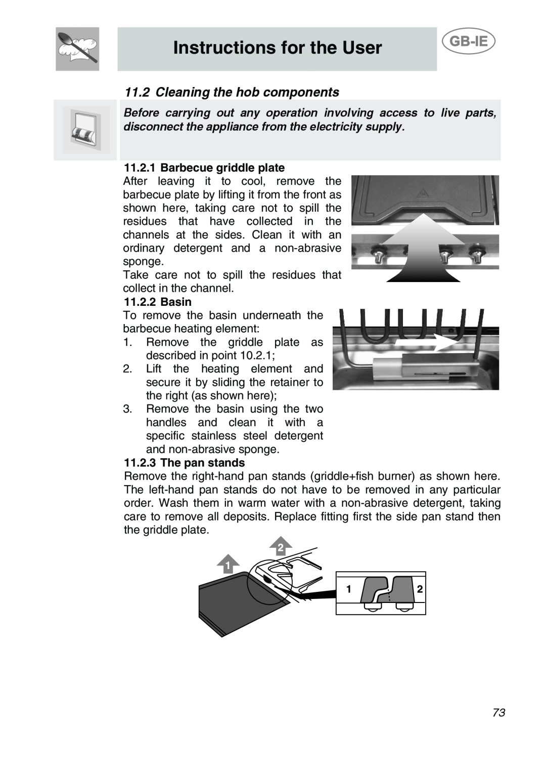 Smeg CS122-6 manual Cleaning the hob components, Barbecue griddle plate, Basin, The pan stands, Instructions for the User 