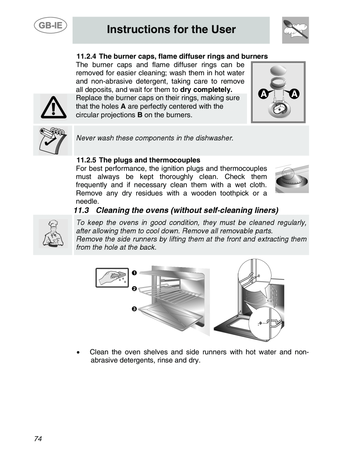Smeg CS122-6 manual Cleaning the ovens without self-cleaning liners, The plugs and thermocouples, Instructions for the User 