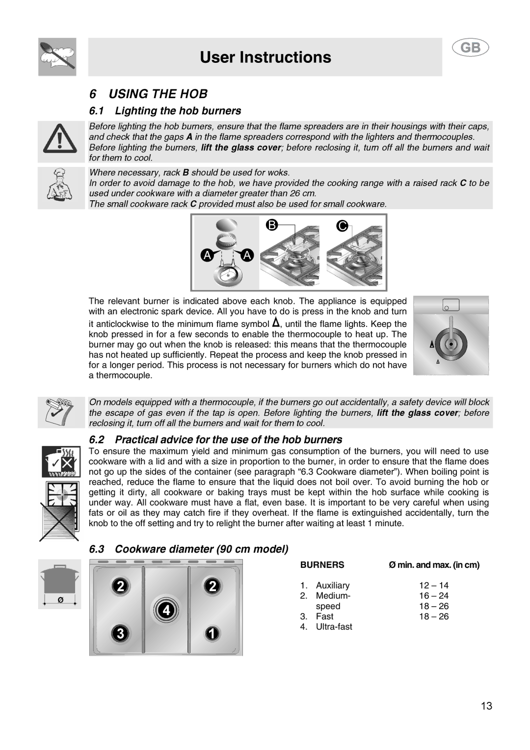 Smeg CS15-5 manual Using the HOB, Lighting the hob burners, Practical advice for the use of the hob burners 