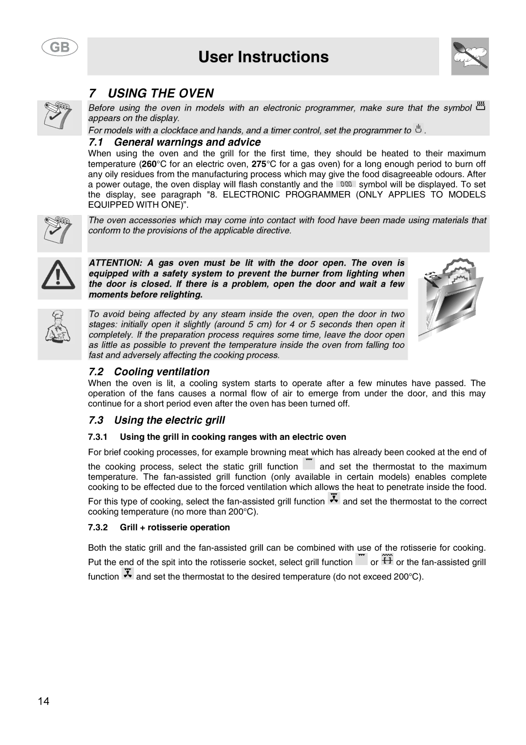 Smeg CS15-5 manual Using the Oven, General warnings and advice, Cooling ventilation, Using the electric grill 