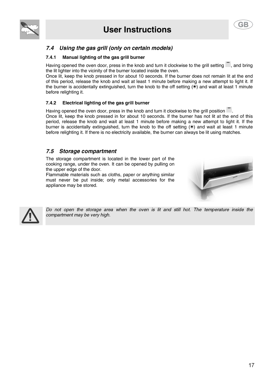 Smeg CS15-5 manual Using the gas grill only on certain models, Storage compartment, Manual lighting of the gas grill burner 