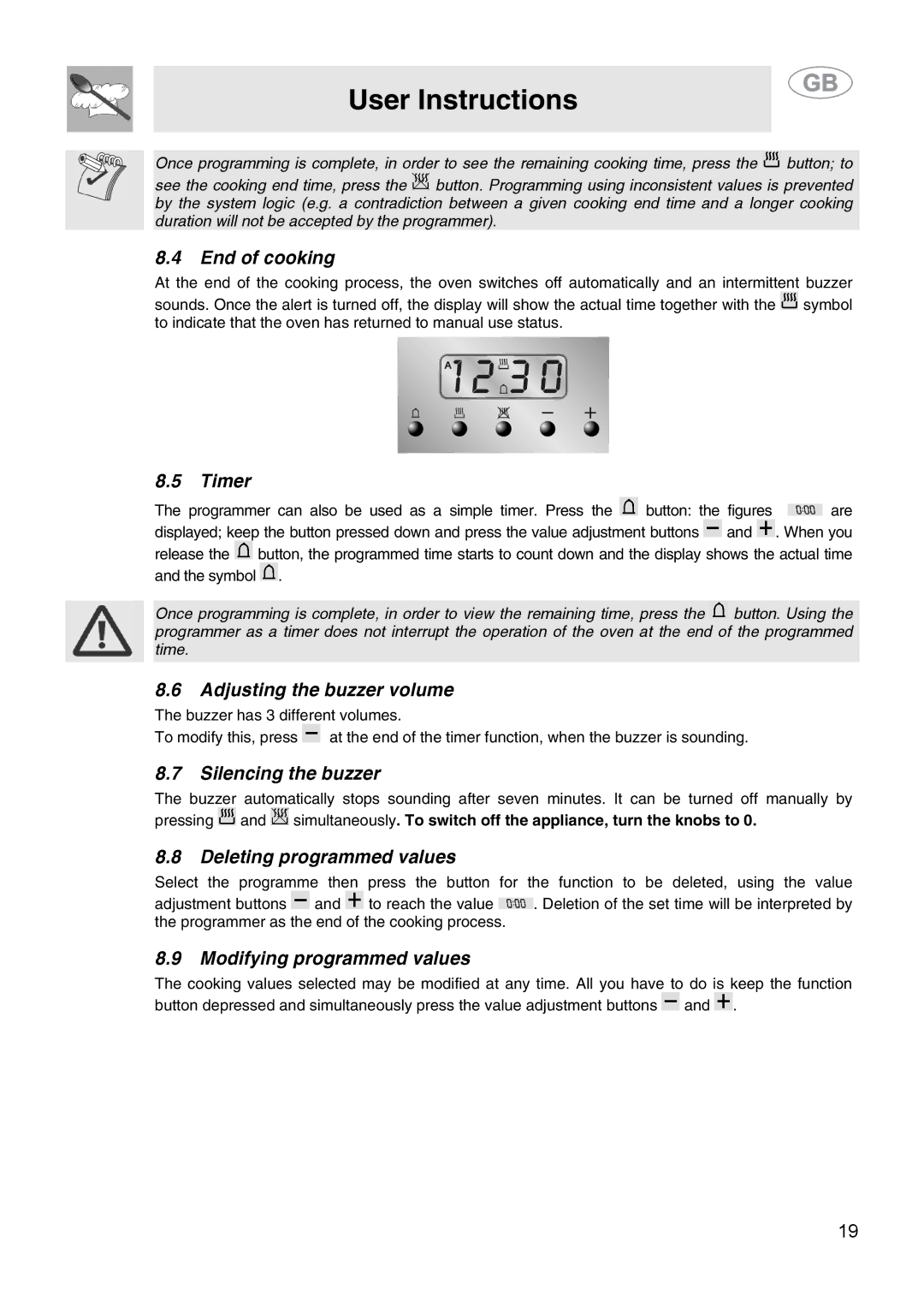 Smeg CS15-5 manual End of cooking, Timer, Adjusting the buzzer volume, Silencing the buzzer, Deleting programmed values 