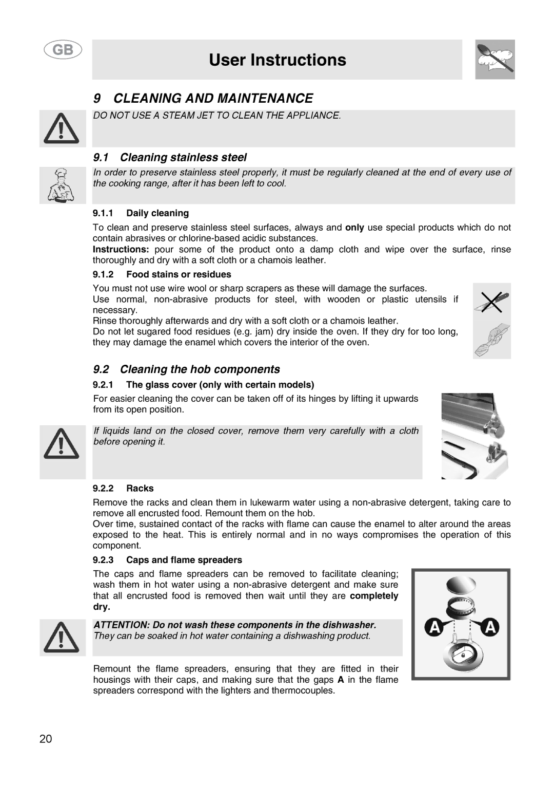 Smeg CS15-5 manual Cleaning and Maintenance, Cleaning stainless steel, Cleaning the hob components 