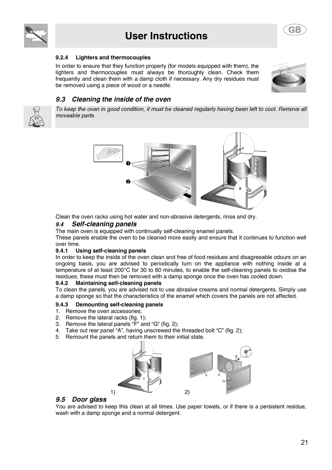 Smeg CS15-5 manual Cleaning the inside of the oven, Self-cleaning panels, Door glass 