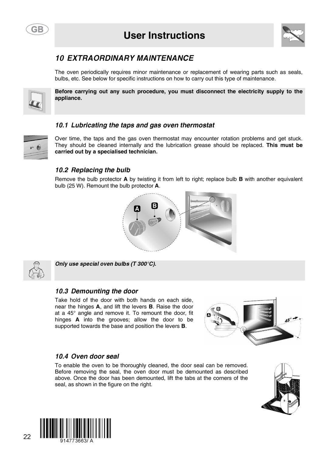 Smeg CS15-5 Extraordinary Maintenance, Lubricating the taps and gas oven thermostat, Replacing the bulb, Oven door seal 