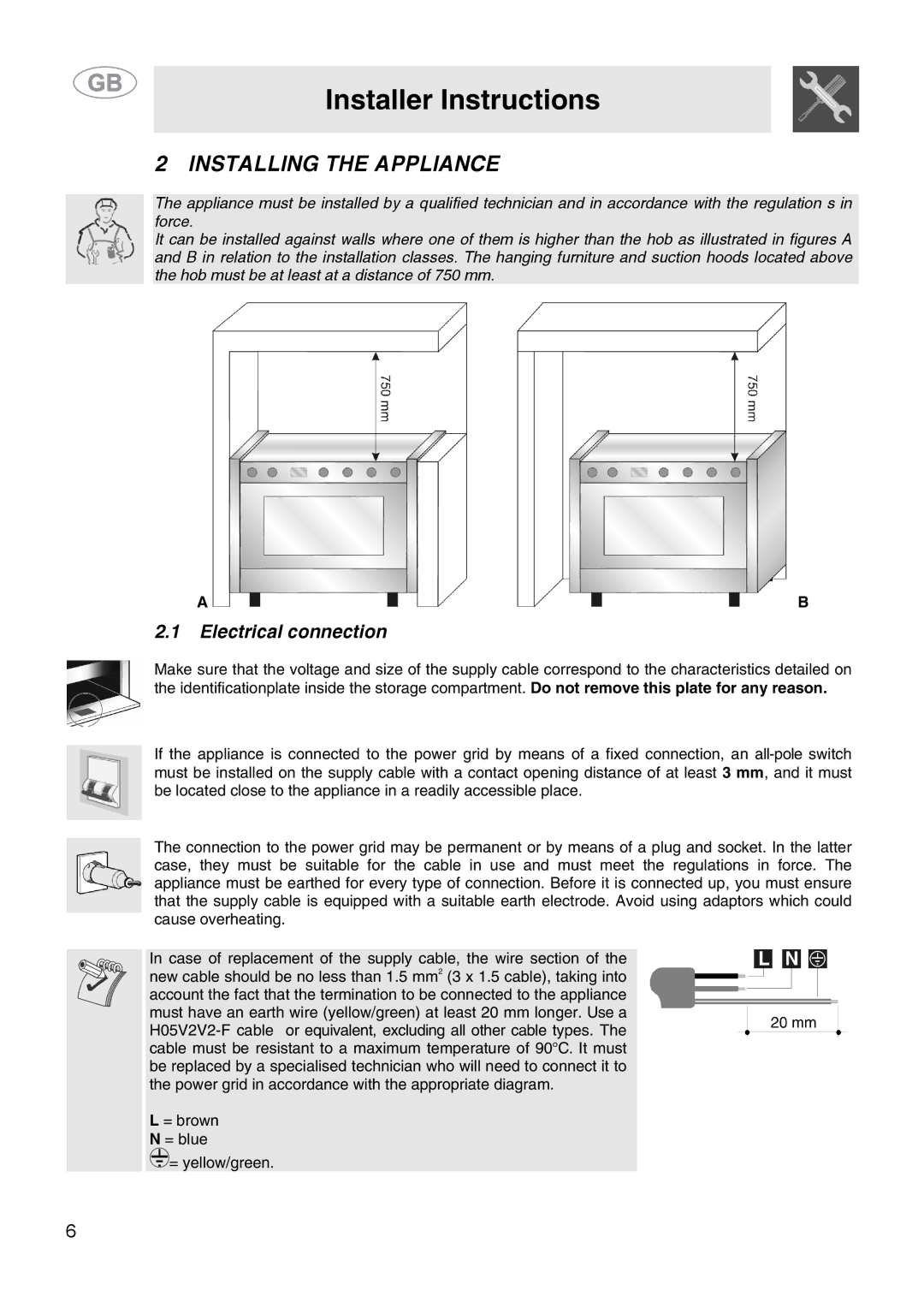 Smeg CS15-5 manual Installer Instructions, Installing the Appliance, Electrical connection 