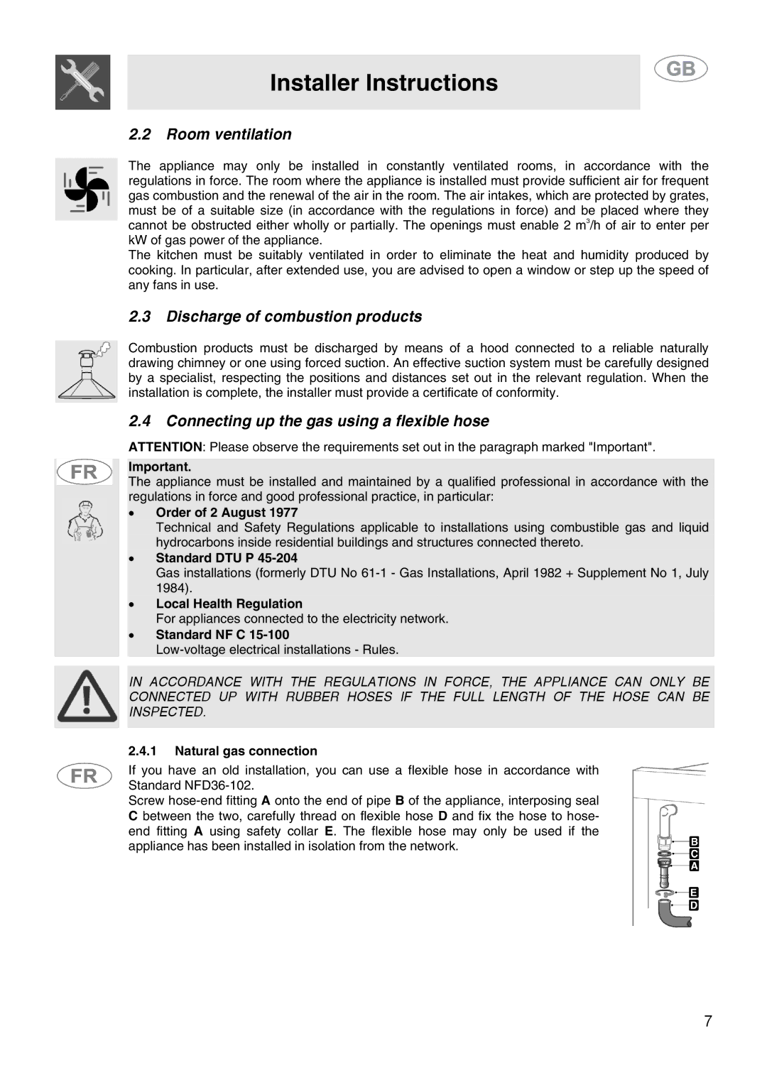 Smeg CS15-5 manual Room ventilation, Discharge of combustion products, Connecting up the gas using a flexible hose 