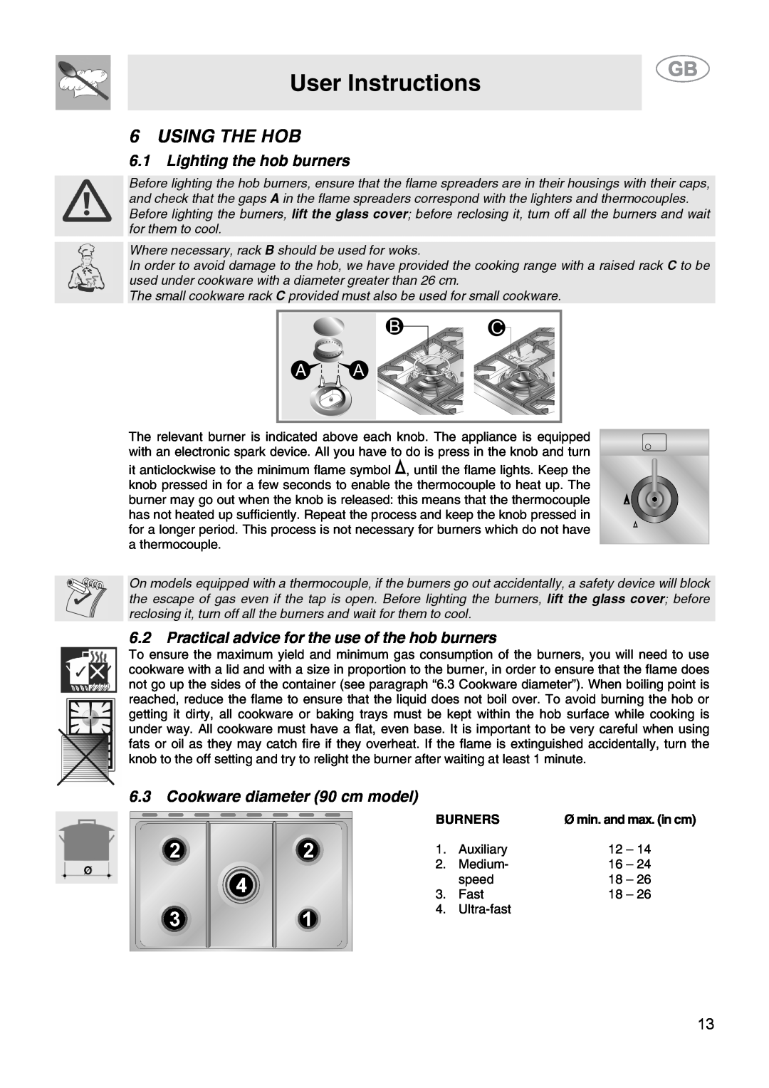 Smeg CS15-5 manual Using The Hob, 6.1Lighting the hob burners, 6.3Cookware diameter 90 cm model, User Instructions 