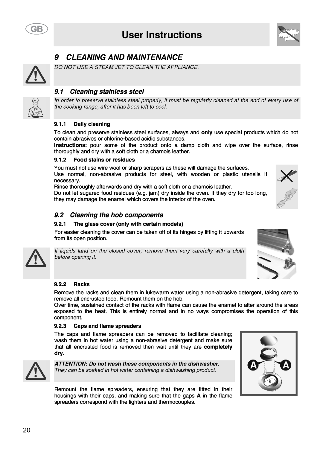 Smeg CS15-5 manual Cleaning And Maintenance, 9.1Cleaning stainless steel, 9.2Cleaning the hob components, User Instructions 