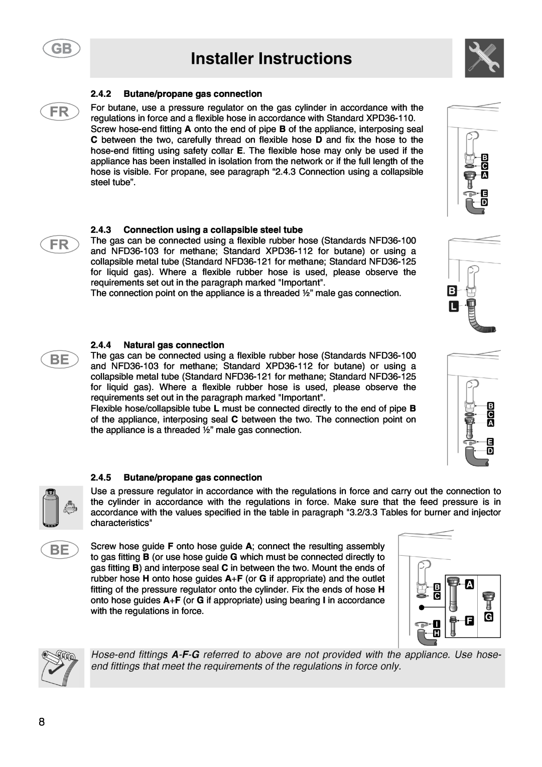 Smeg CS15-5 Installer Instructions, 2.4.2Butane/propane gas connection, 2.4.3Connection using a collapsible steel tube 