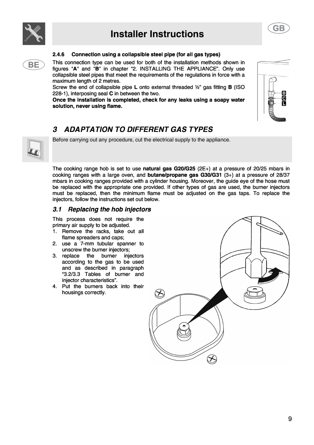Smeg CS15-5 manual Adaptation To Different Gas Types, 3.1Replacing the hob injectors, Installer Instructions 