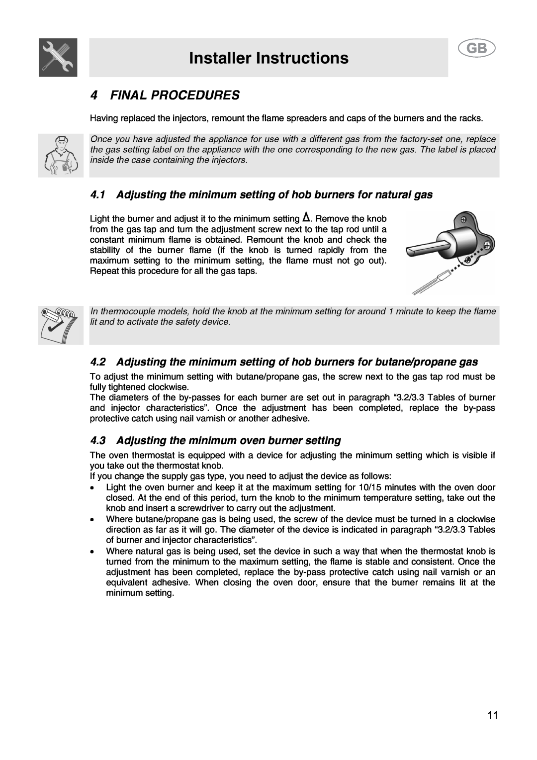 Smeg CS15-5 manual Final Procedures, 4.3Adjusting the minimum oven burner setting, Installer Instructions 