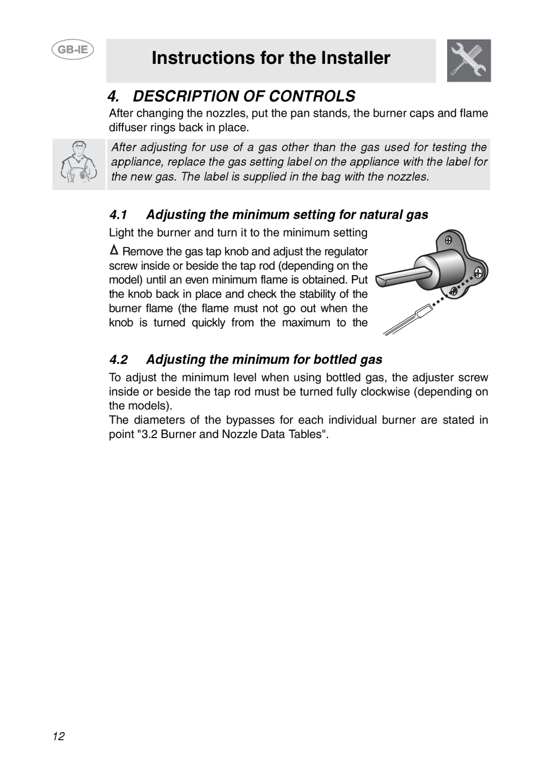 Smeg CS150SA Description of Controls, Adjusting the minimum setting for natural gas, Adjusting the minimum for bottled gas 