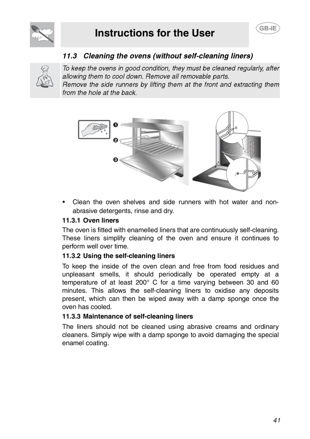 Smeg CS150SA manual Cleaning the ovens without self-cleaning liners, Oven liners, Using the self-cleaning liners 