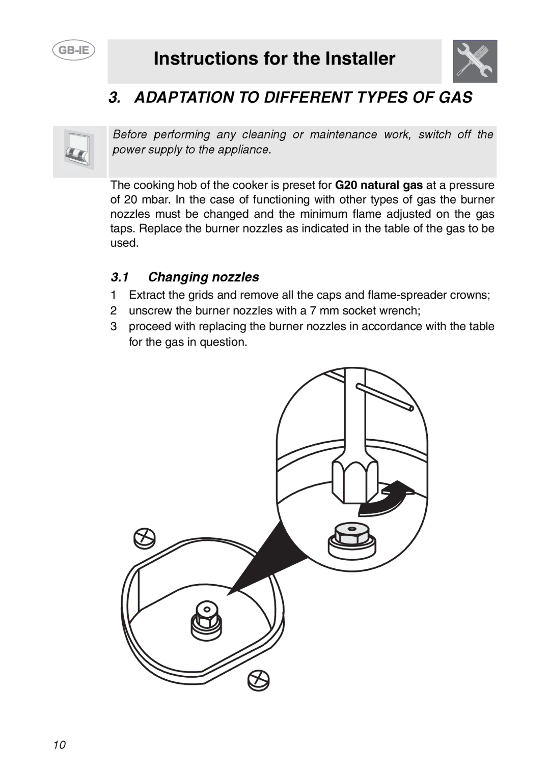 Smeg CS150SA manual Adaptation to Different Types of GAS, Changing nozzles 