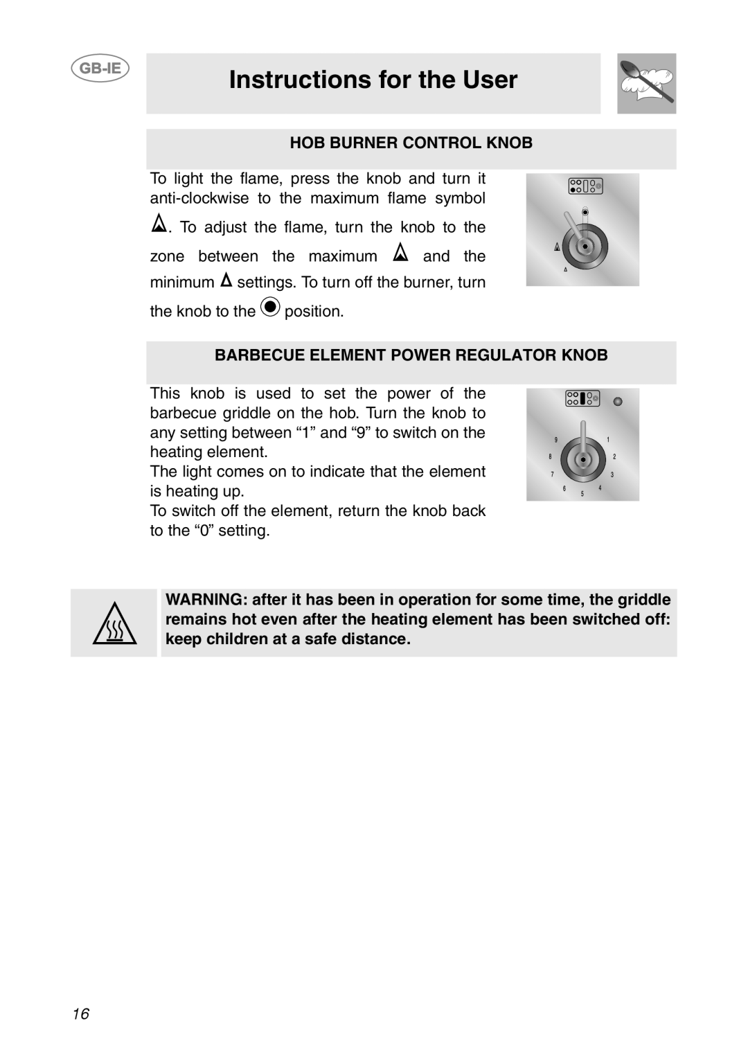 Smeg CS150SA manual Instructions for the User, Hob Burner Control Knob, Barbecue Element Power Regulator Knob 