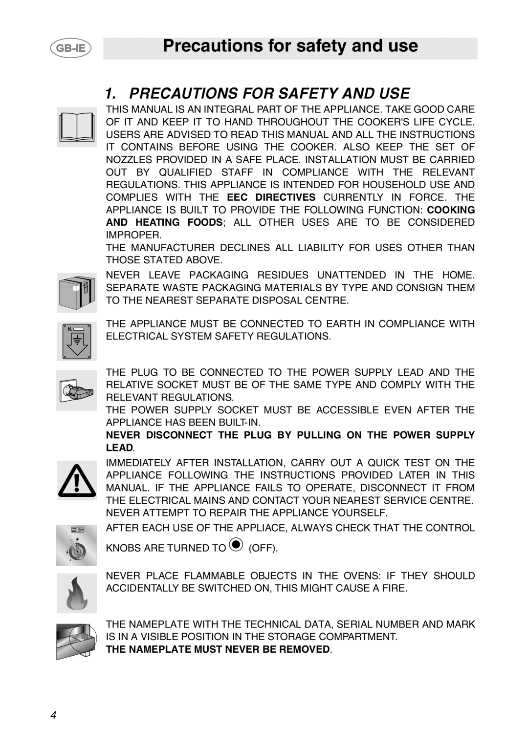 Smeg CS150SA manual Precautions for safety and use, Precautions For Safety And Use, The Nameplate Must Never Be Removed 