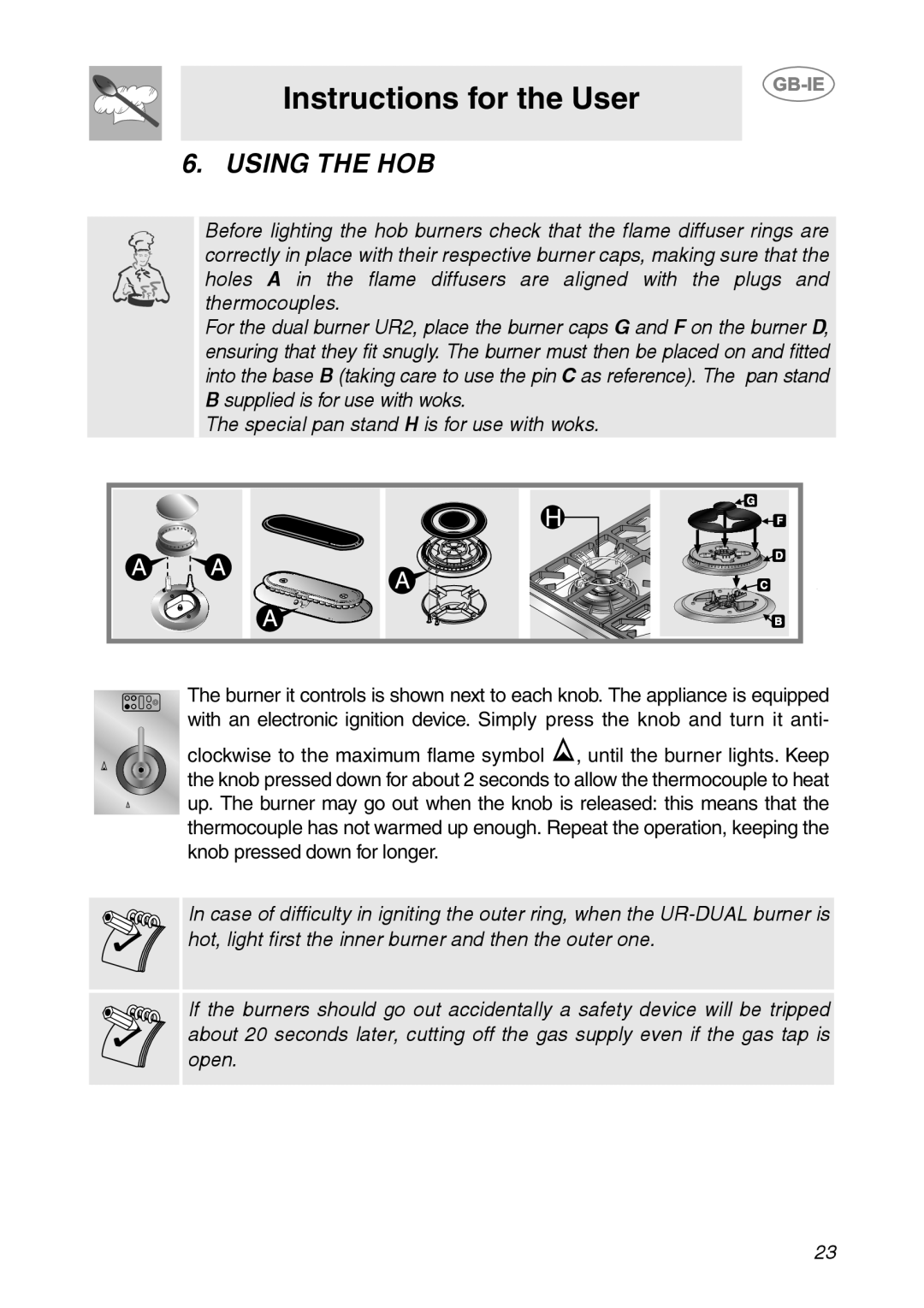 Smeg CS150SA manual Using The Hob, Instructions for the User 