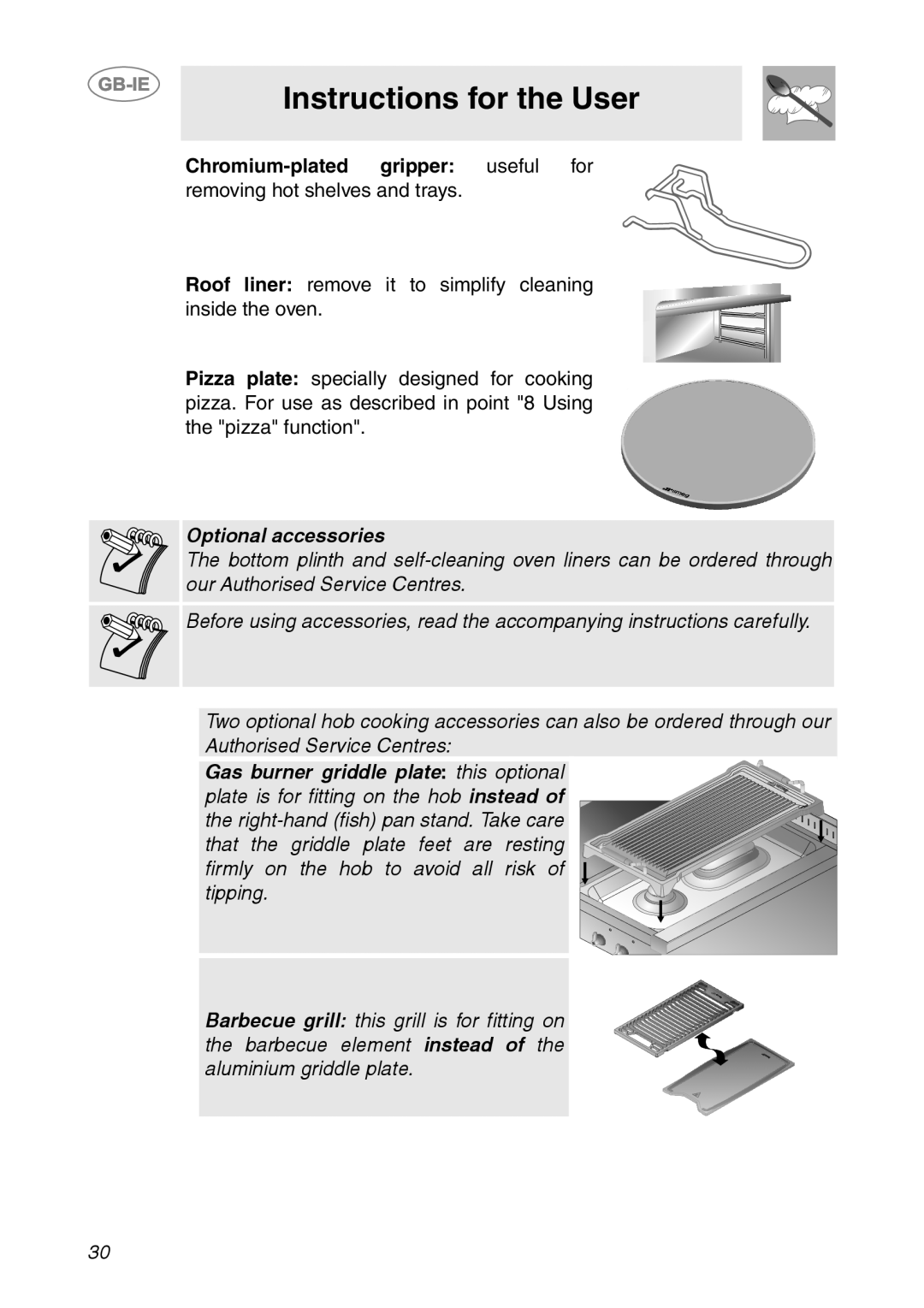 Smeg CS150SA manual Instructions for the User, Chromium-platedgripper useful for, Optional accessories 