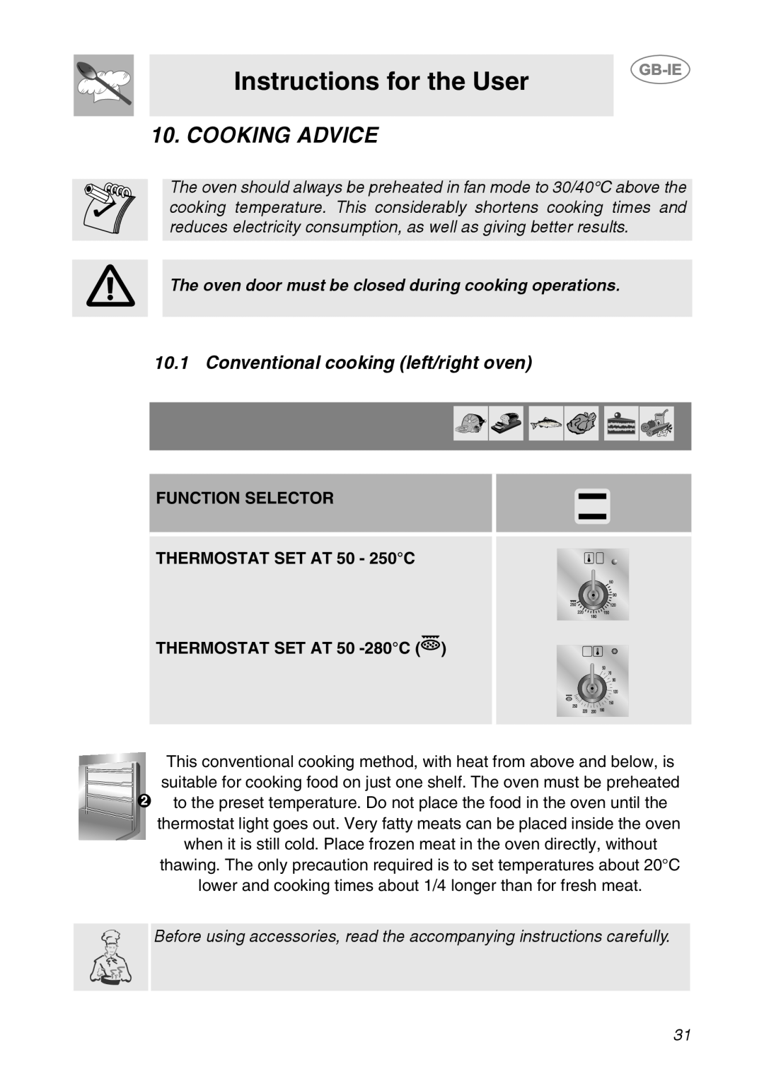Smeg CS150SA Cooking Advice, Instructions for the User, Conventional cooking left/right oven, THERMOSTAT SET AT 50 -280C 