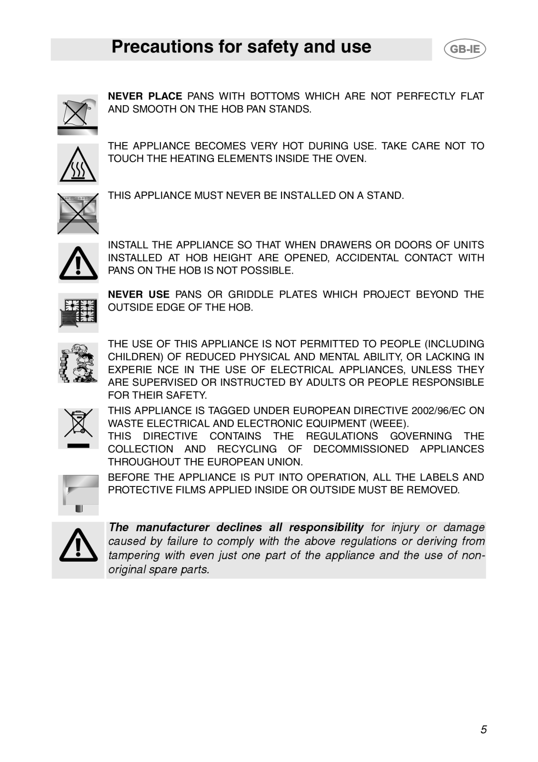 Smeg CS150SA manual Precautions for safety and use, This Appliance Must Never Be Installed On A Stand 