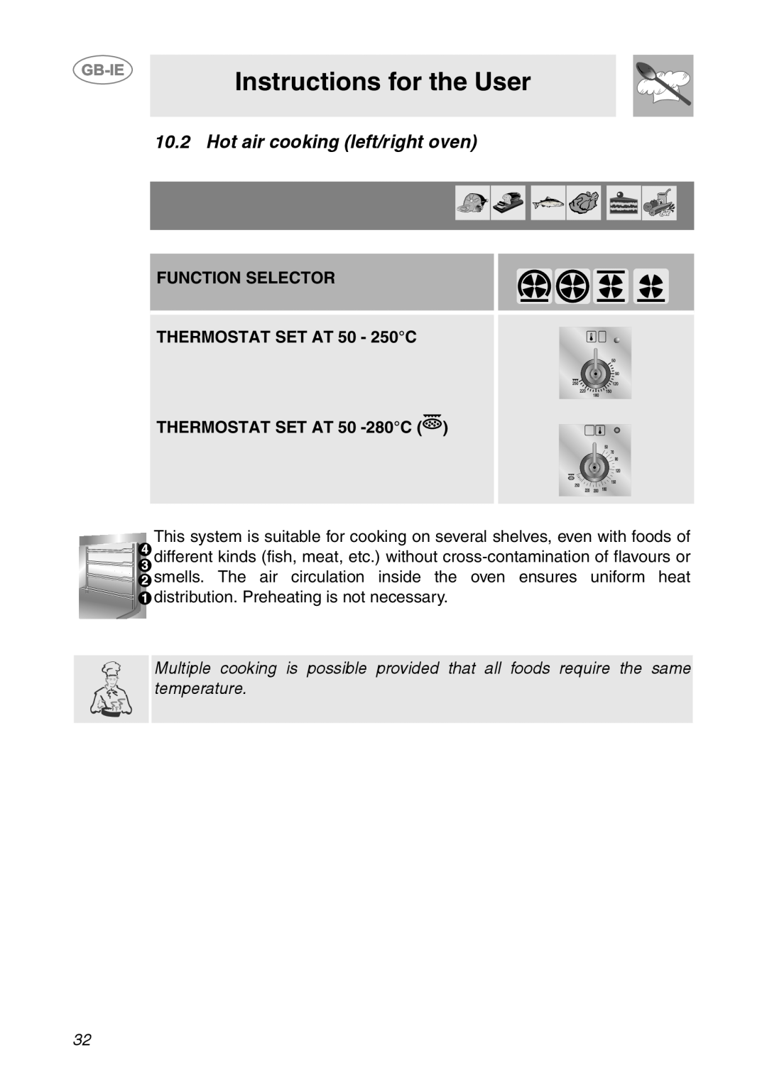 Smeg CS150SA Instructions for the User, Hot air cooking left/right oven, FUNCTION SELECTOR THERMOSTAT SET AT 50 - 250C 