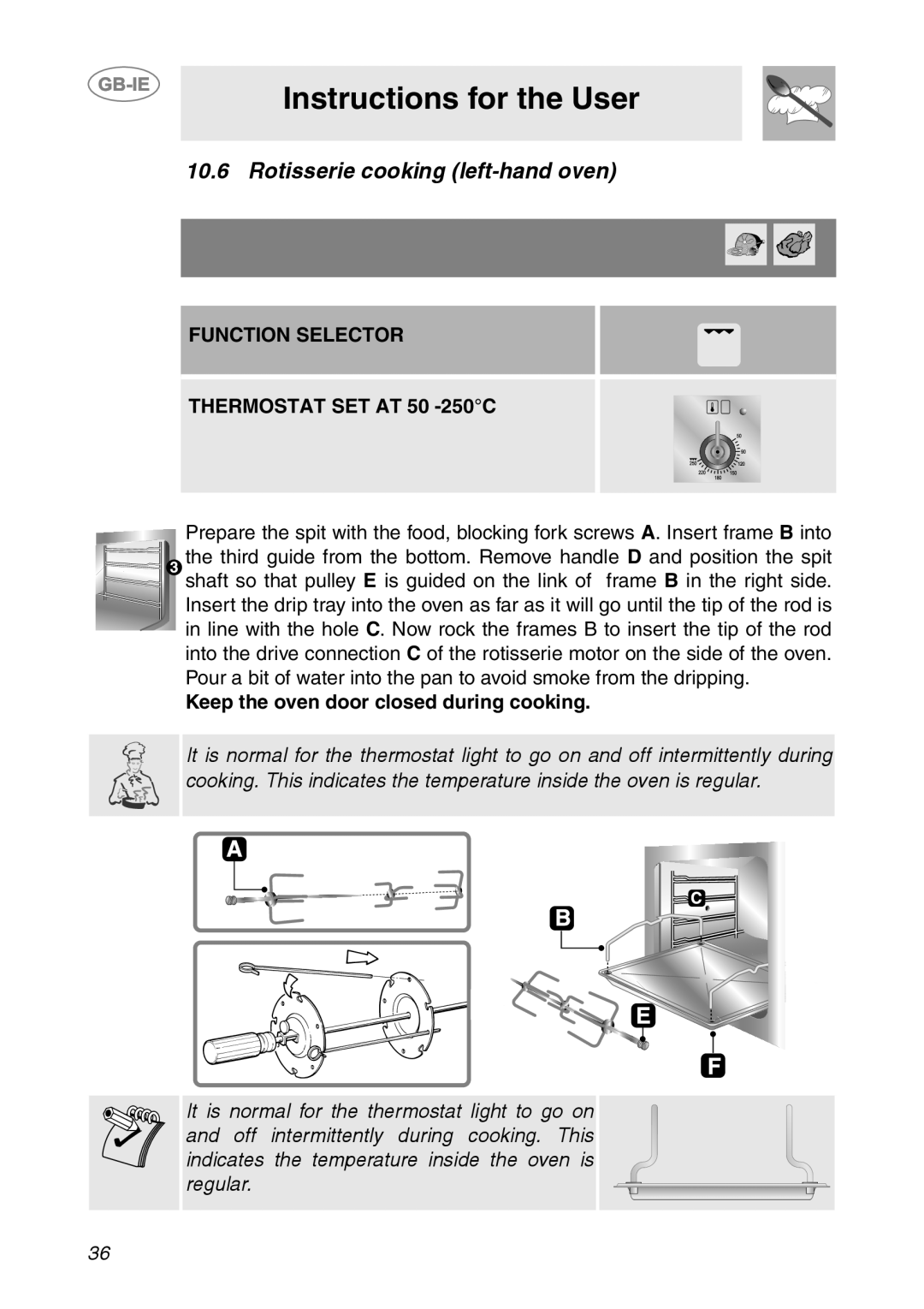 Smeg CS150SA Instructions for the User, Rotisserie cooking left-handoven, FUNCTION SELECTOR THERMOSTAT SET AT 50 -250C 