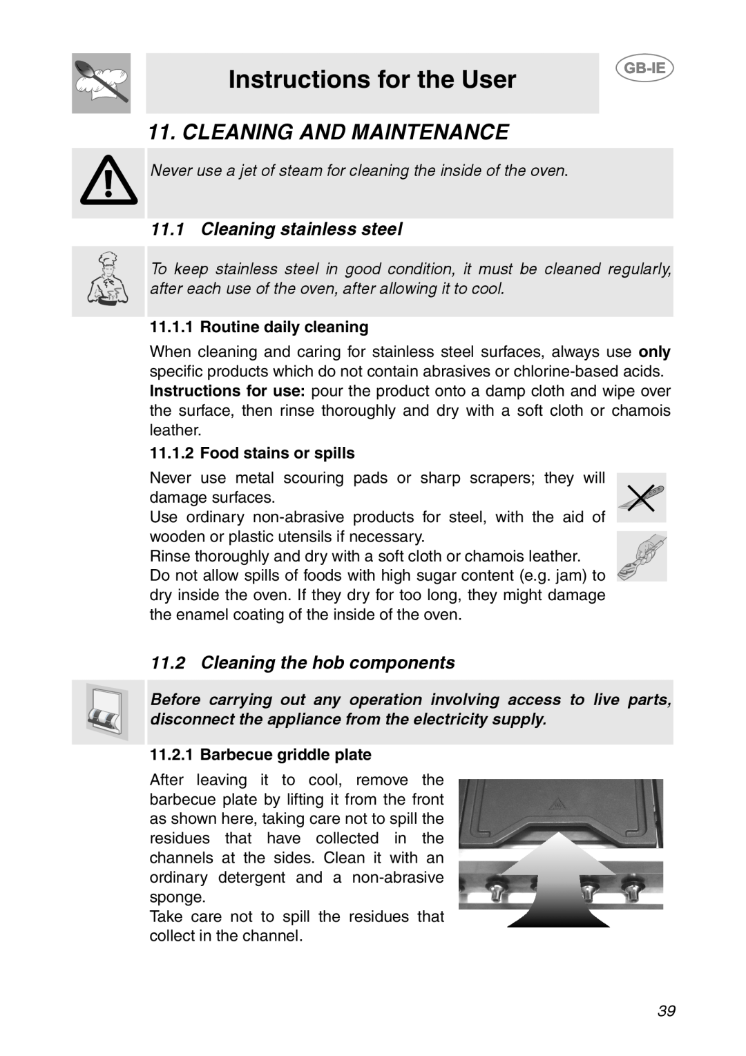 Smeg CS150SA Cleaning And Maintenance, Instructions for the User, Cleaning stainless steel, Cleaning the hob components 