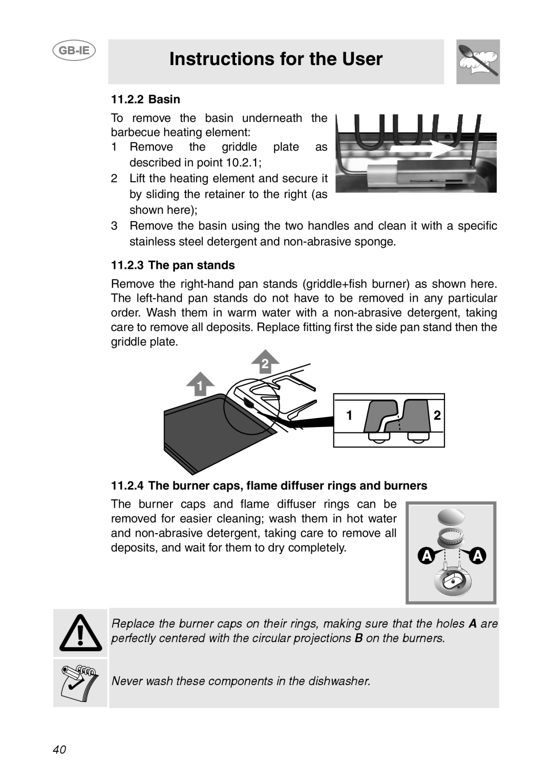 Smeg CS150SA manual Instructions for the User, Basin, The pan stands, Never wash these components in the dishwasher 