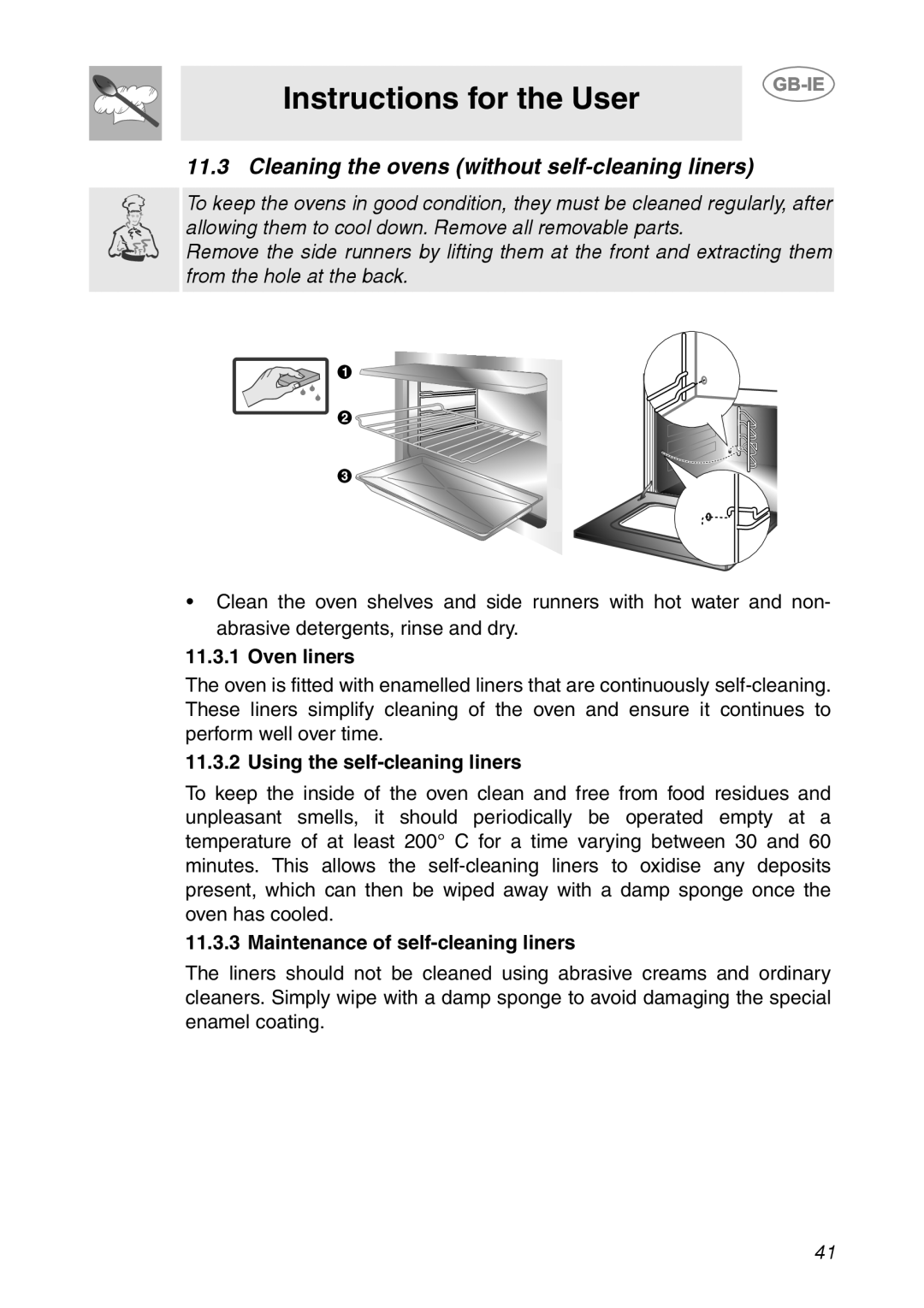 Smeg CS150SA Instructions for the User, Oven liners, Using the self-cleaningliners, Maintenance of self-cleaningliners 