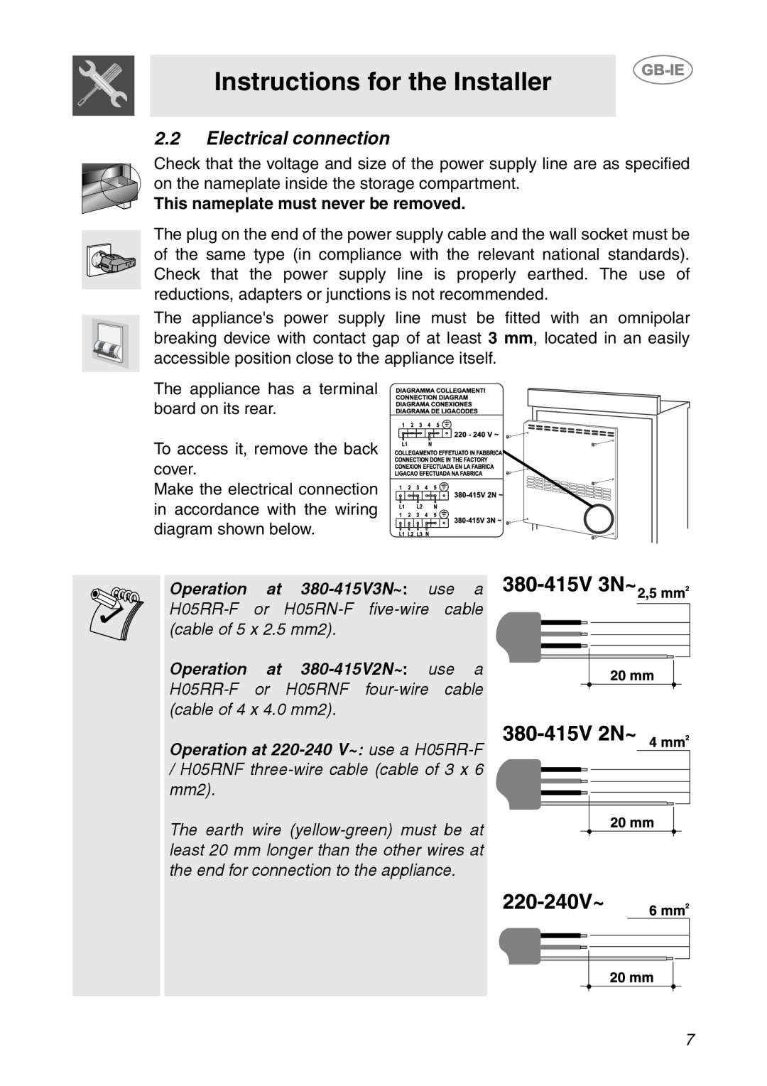 Smeg CS150SA manual Instructions for the Installer, 2.2Electrical connection, This nameplate must never be removed 