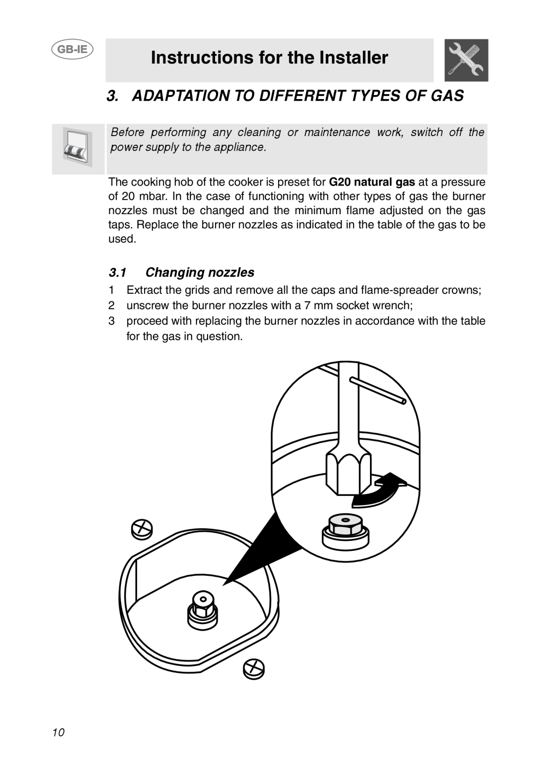 Smeg CS150SA manual Adaptation To Different Types Of Gas, Instructions for the Installer, 3.1Changing nozzles 